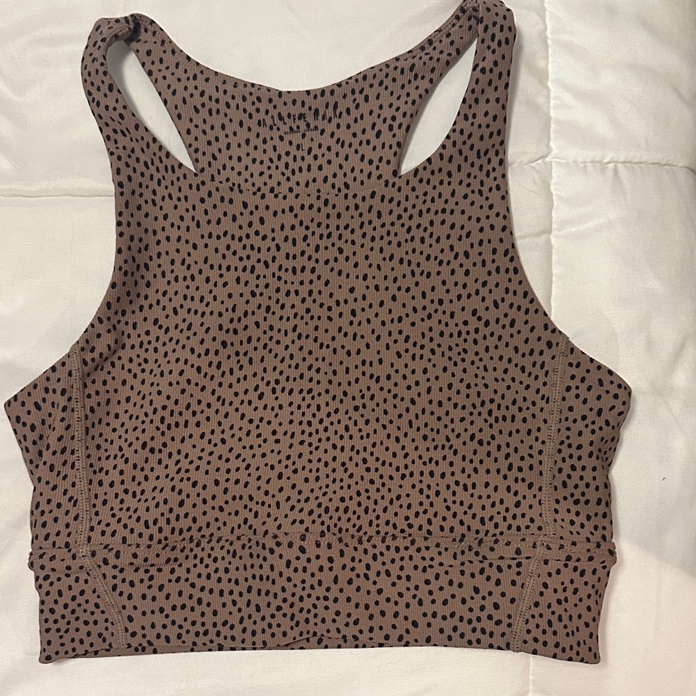 Allfenix Women's High-Neck Racerback Sports Bra - Brown with Black Dot Print